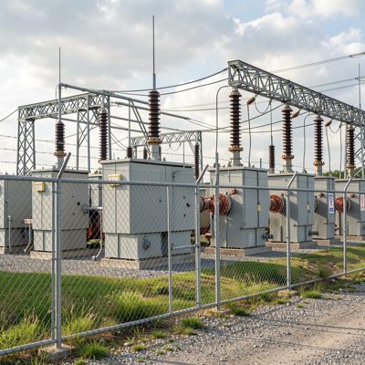 a substation with transformers behind a fence