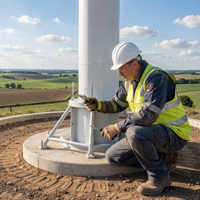 an engineer inspecting a wind turbine base