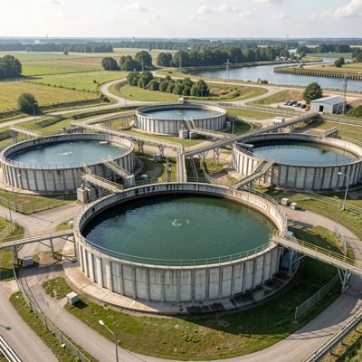 a water treatment plant with circular tanks