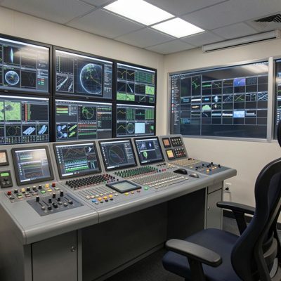 a control room with screens showing a grid