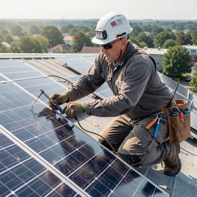 a solar installer on a roof fixing panels