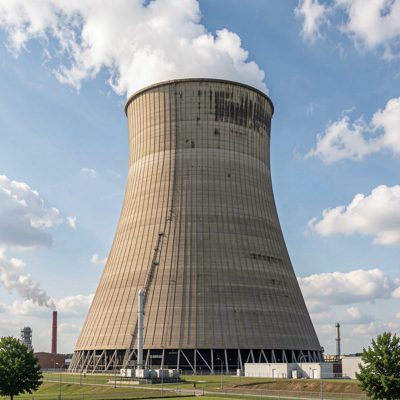 a power station cooling tower with steam