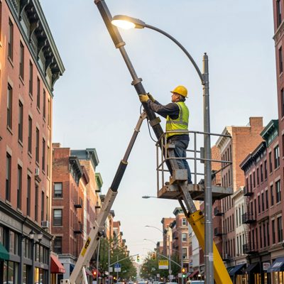 a street light being replaced from a cherry picker