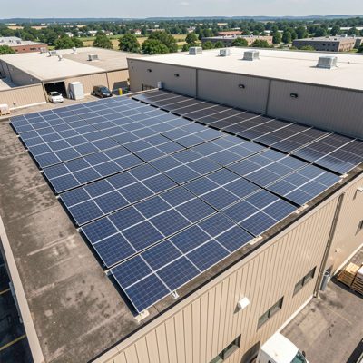 a rooftop array of solar panels on a warehouse