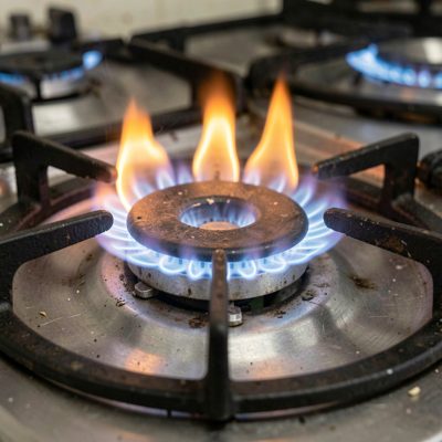 a gas flame on a burner ring