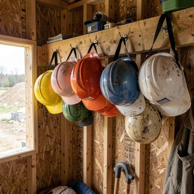 a set of hard hats hanging in a site cabin