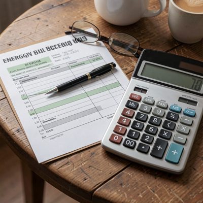 an energy bill and calculator on a table