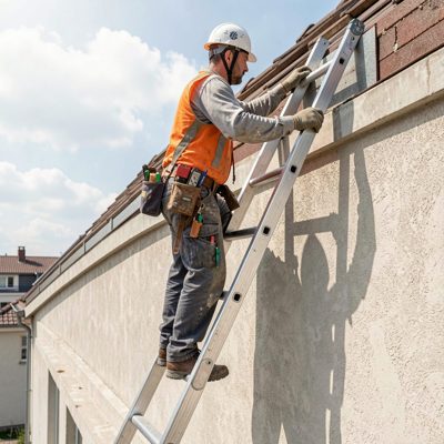 an engineer climbing a ladder to a roof