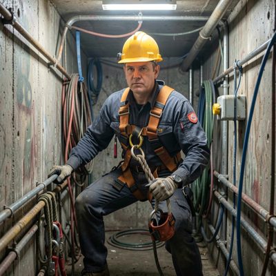 a technician in a confined space harness