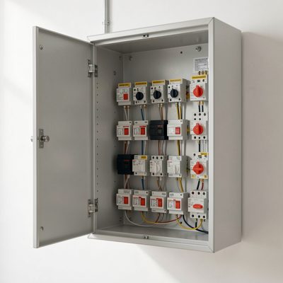 a meter cupboard with labelled isolators