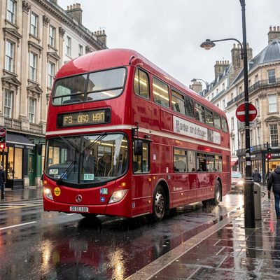 a red double decker bus on a wet street