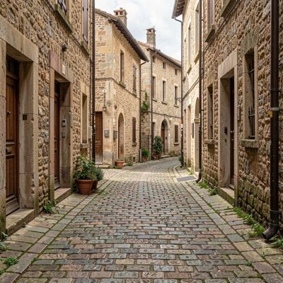 a cobbled lane between old stone buildings