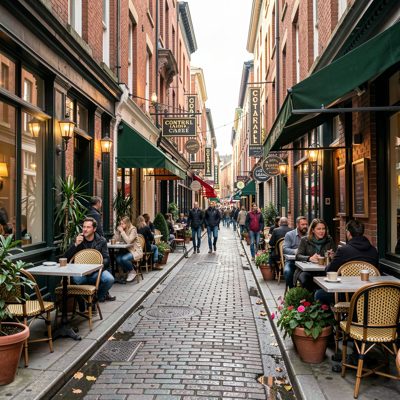 a continental cafe street with tables outside