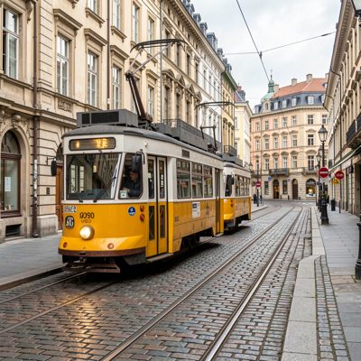 a tram passing along a cobbled street