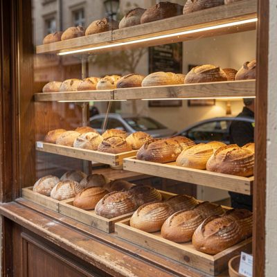 a bakery window with breads on wooden trays