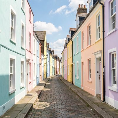 a street of pastel painted houses