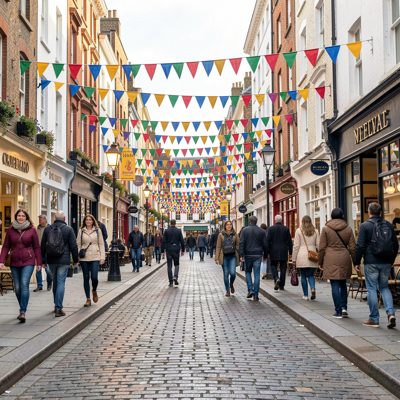 a pedestrian street with bunting strung overhead
