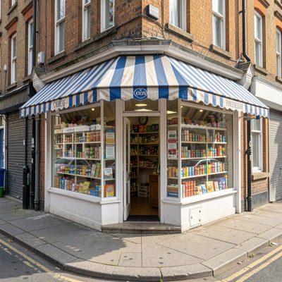 a corner shop with a striped canopy