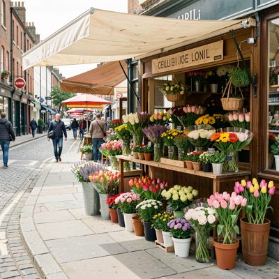 a florist stall set out on a pavement
