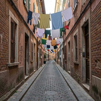 a narrow street with washing strung between windows