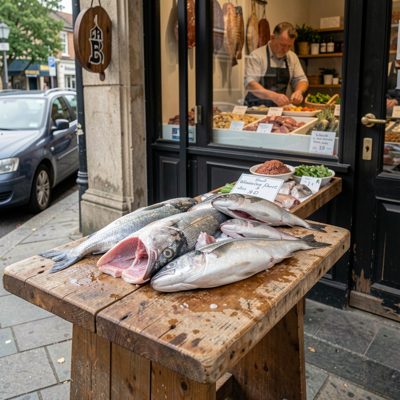 a fishmonger's slab outside a shop
