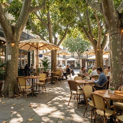 a cafe terrace under plane trees