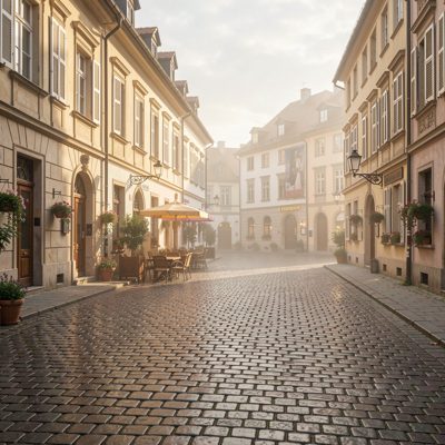 a cobbled square in early morning light