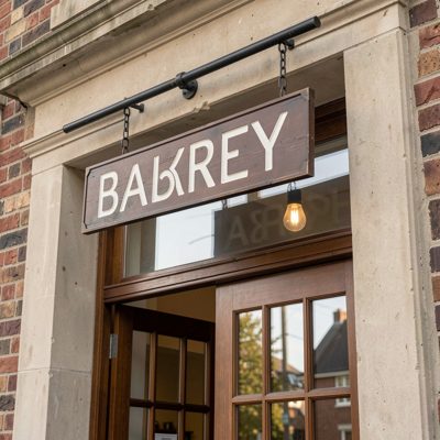 a bakery sign hanging above a doorway