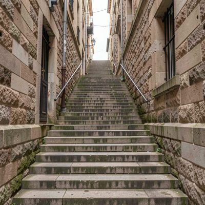 a stone staircase between two buildings