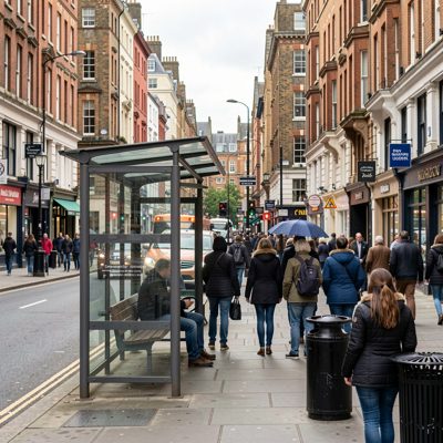 a bus stop on a busy high street