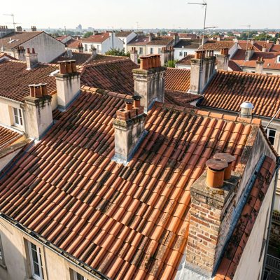 a rooftop view of tiled roofs and chimneys