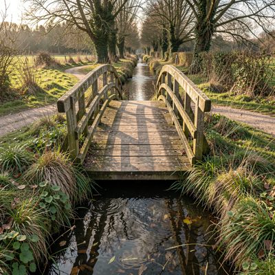 a narrow bridge over a small canal