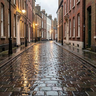 a cobbled street glistening after rain