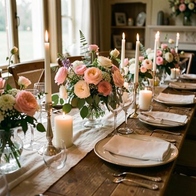 a wedding table setting with flowers and candles