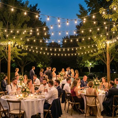 string lights above an outdoor evening reception