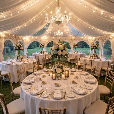 a marquee interior set for a celebration dinner
