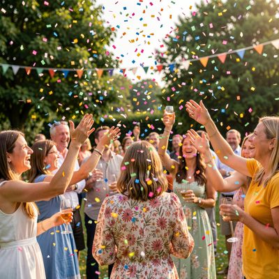 confetti in the air at an outdoor celebration