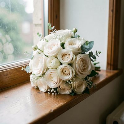 a bride's bouquet resting on a windowsill