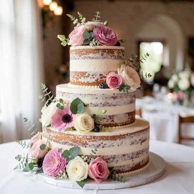 a tiered wedding cake with fresh flowers
