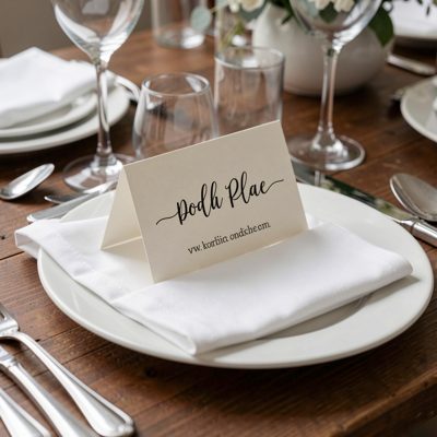 a place card and folded napkin at a table setting