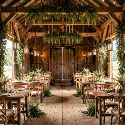 a barn venue decorated with foliage and lanterns