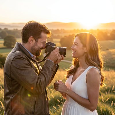 a photographer capturing a couple at golden hour