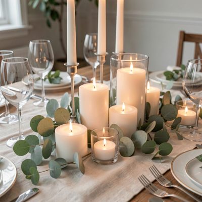 a table centrepiece of candles and eucalyptus