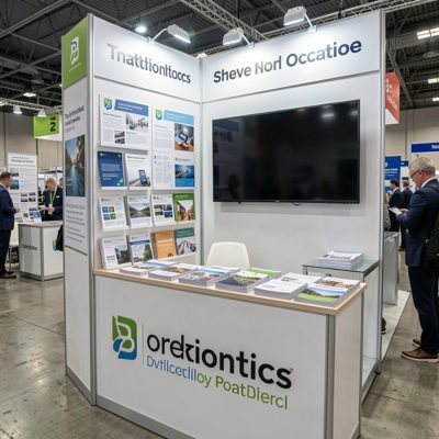 a trade show stand with brochures and a screen