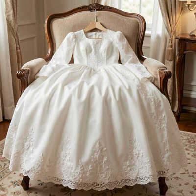 a christening gown laid out on a chair