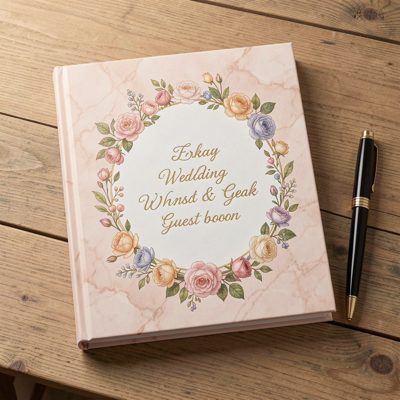 a wedding guest book with a pen beside it