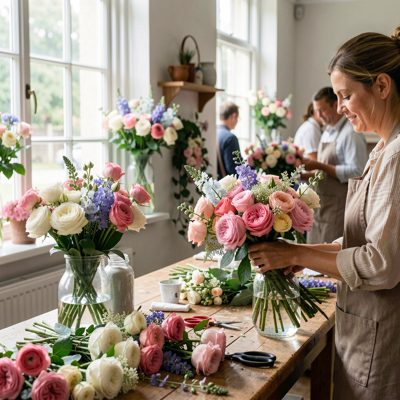a florist arranging flowers for an event