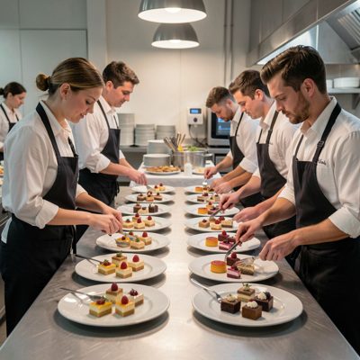a catering team plating desserts in a service area