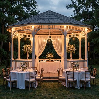 a bandstand set up for an evening reception