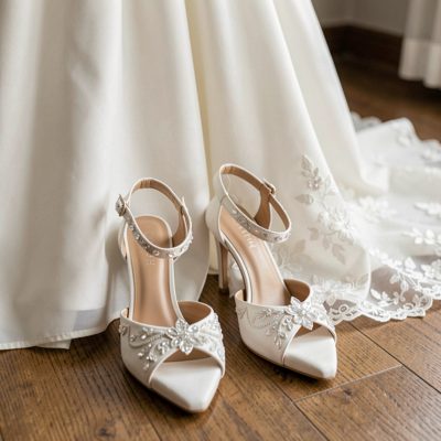 a pair of wedding shoes beside a dress